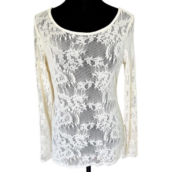 Ella Moss Lace Scoop Open Back Sheer Long Sleeve Shirt sz(L) - Picture 1 of 7